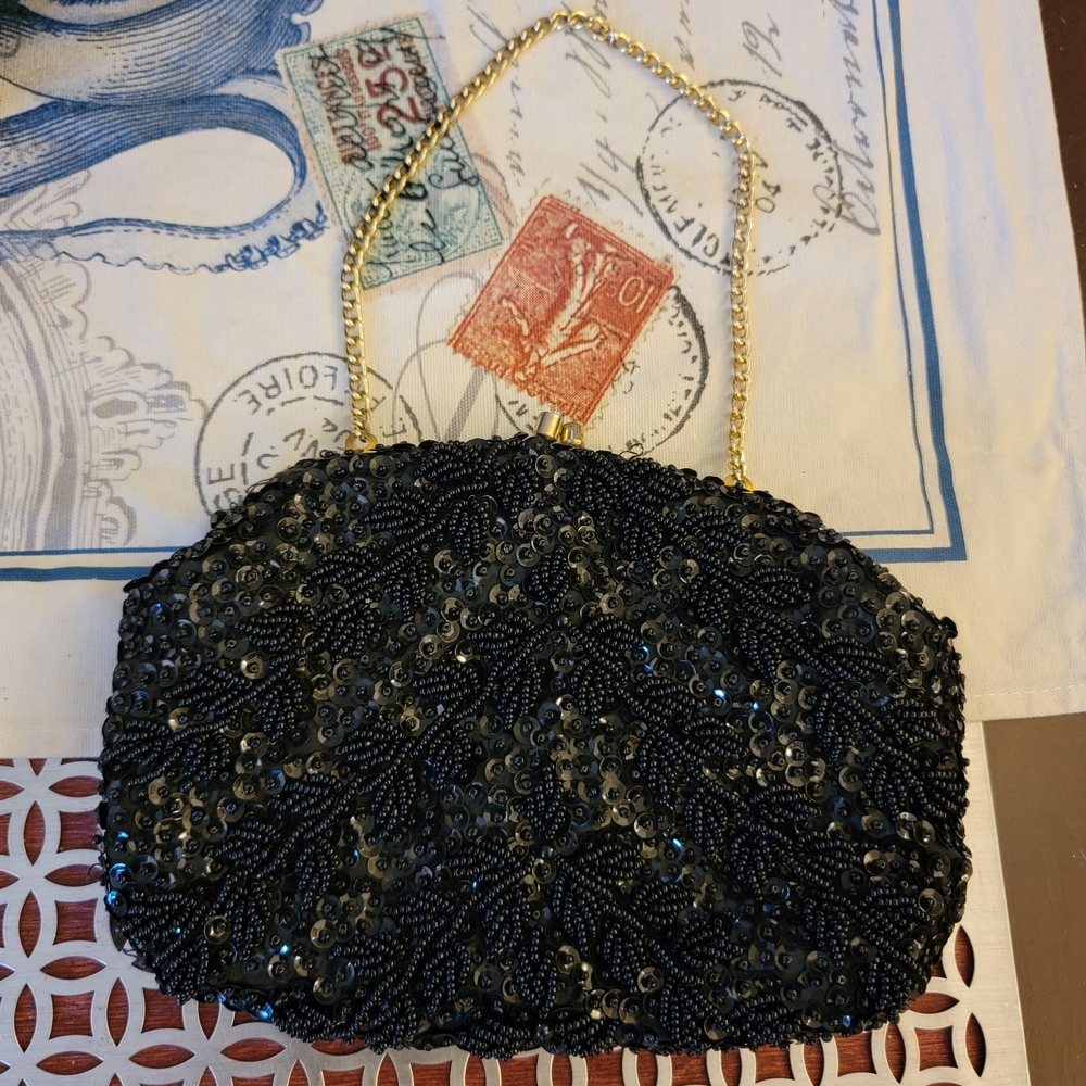 Richere Elegant Black Beaded Evening Bag Hong Kong Vintage